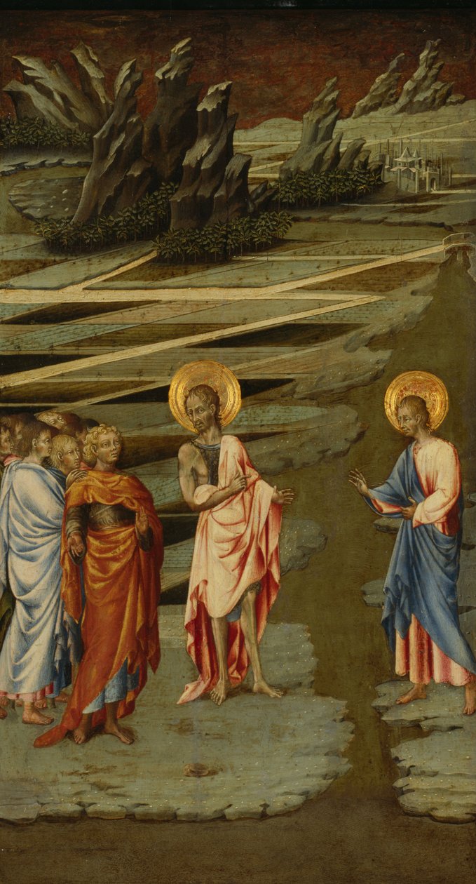Eis o Cordeiro de Deus (Ecce Agnus Dei) - Pintura de Giovanni di Paolo (ca. 1403-1482), tempera sobre madeira (68,5x39,5 cm) de Giovanni di Paolo