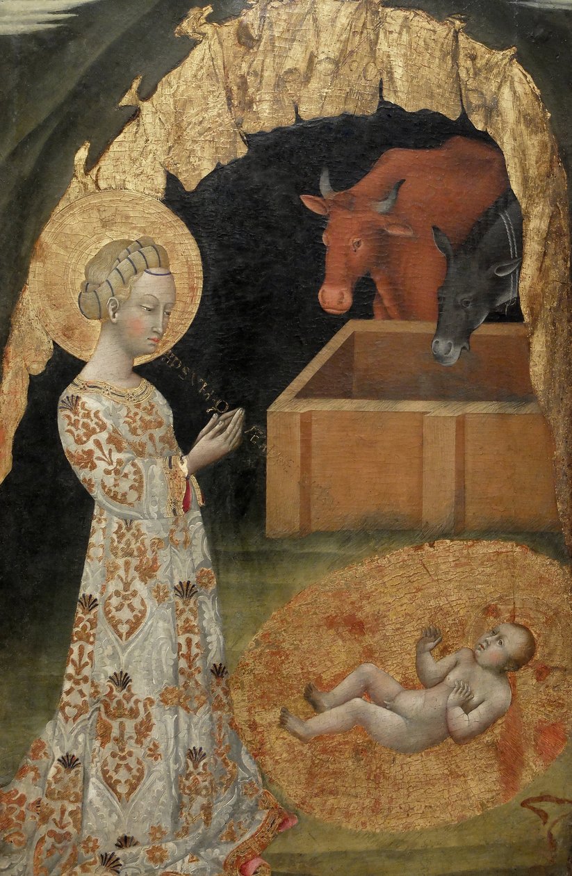 La Nativity, Saint Victtorino, Saint Ansano, detalhe central (pintura sobre madeira) de Giovanni di Paolo di Grazia