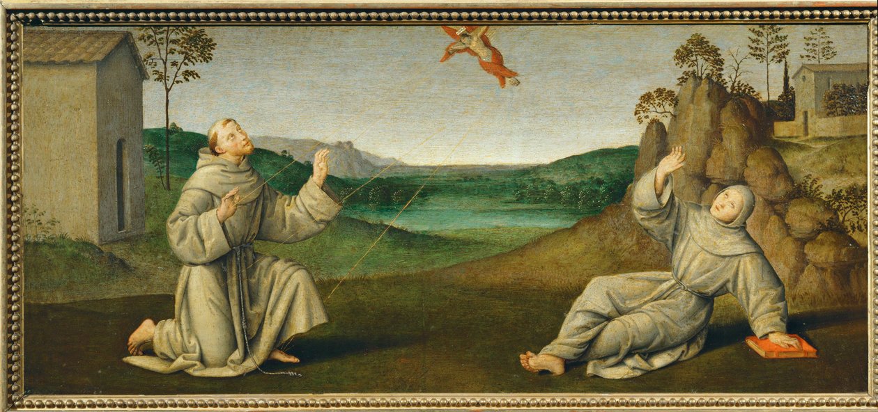 São Francisco de Assis recebe os estigmas ... de Giovanni di Pietro (c.1450 1529) (studio of)