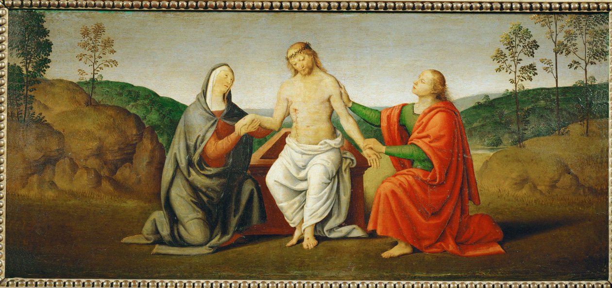 O Cristo morto apoiado pela Virgem Maria e por São João apóstolo ... de Giovanni di Pietro (c.1450 1529) (studio of)