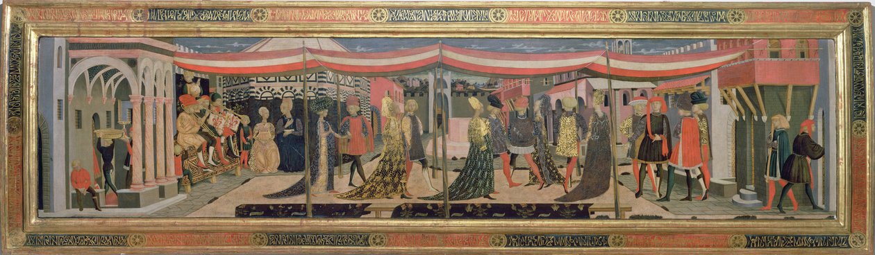 Frontal do Adimari Cassone representando uma cena de casamento em frente ao Batistério, c.1450 (têmpera no painel) (ver também 62295, 123484-6) de Giovanni di Ser Giovanni