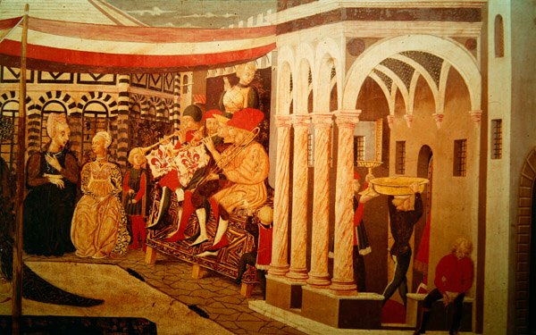 Frontal do Adimari Cassone representando uma cena de casamento em frente ao Batistério, c.1450 de Giovanni di Ser Giovanni Scheggia