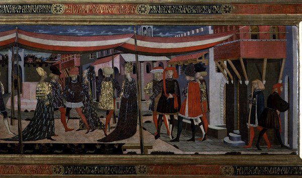 Frontal desde o Cassone Adimari, detalhe da secção direita, c.1450 (tempera no painel) (detalhe de 80304) de Giovanni di Ser Giovanni Scheggia