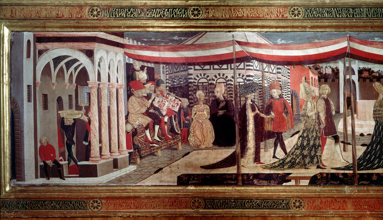 Cerimónia de Casamento Renascentista Detalhe da parte esquerda do painel que decora o Cassone Adimari. Cena de casamento na Piazza del Duomo (Plaza de la Cathedrale Santa Maria del Fiore). Músicos sentados em um palco tocando trompete, trombone e instrumen de Giovanni di Ser Giovanni Scheggia