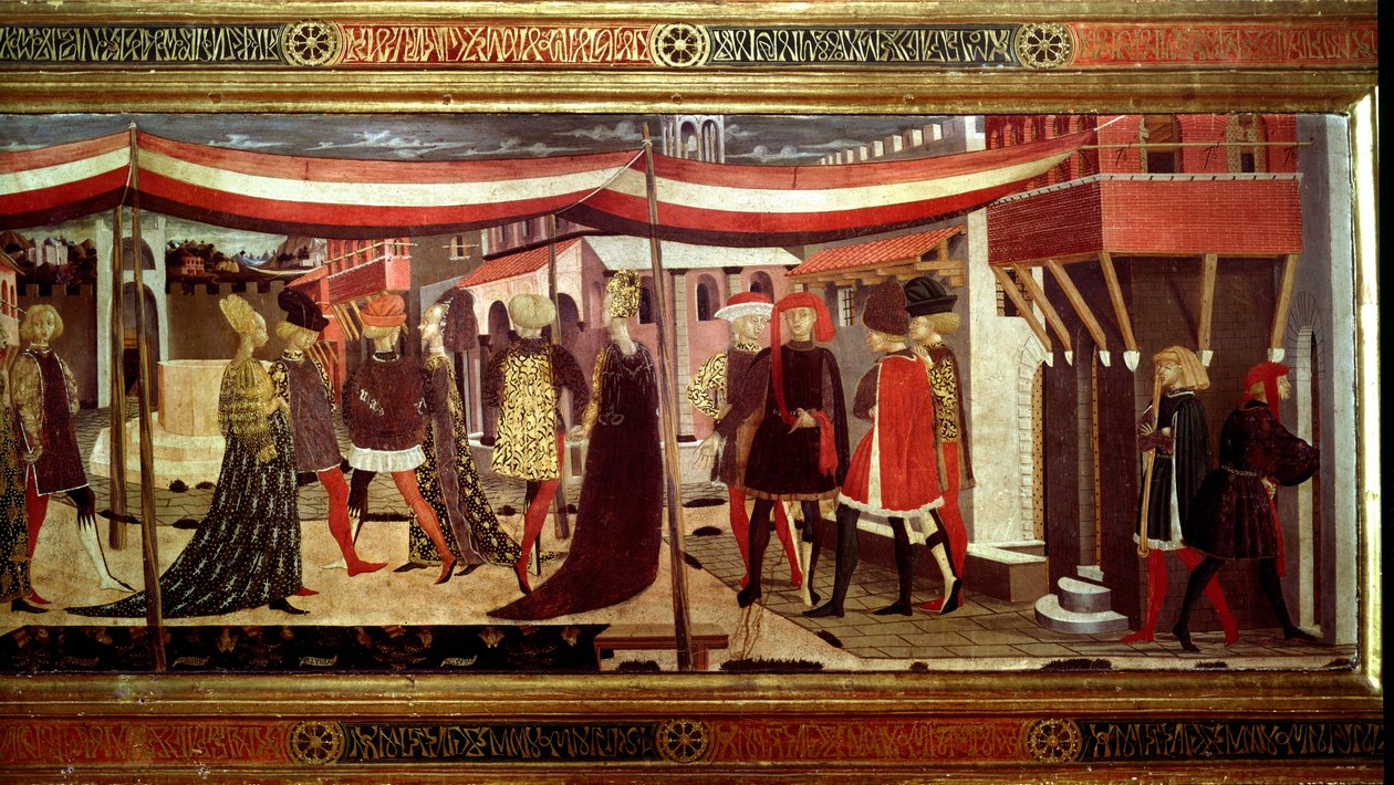 Cerimónia de Casamento Renascentista Detalhe da parte esquerda do painel que decora o Cassone Adimari. Cena de casamento na Piazza del Duomo (Plaza de la Cathedrale Santa Maria del Fiore). Os casais no cortejo avançam sob um dossel. Pintura de Giovanni di  de Giovanni di Ser Giovanni Scheggia