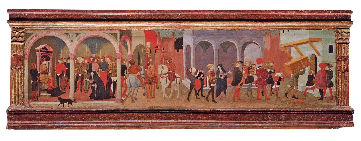 A história de Lionora de &39;Bardi e Ippolito Buondelmonte, painel de um cassone (têmpera e ouro no painel) de Giovanni di Ser Giovanni Scheggia