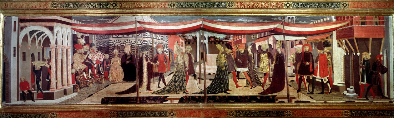 A cerimónia de casamento tem o painel renascentista a decorar o Cassone Adimari. Cena de casamento na Piazza del Duomo (Plaza de la Cathedrale Santa Maria del Fiore). Os casais no cortejo avançam sob um dossel. Pintura de Giovanni di Ser Giovanni Scheggia  de Giovanni di Ser Giovanni Scheggia