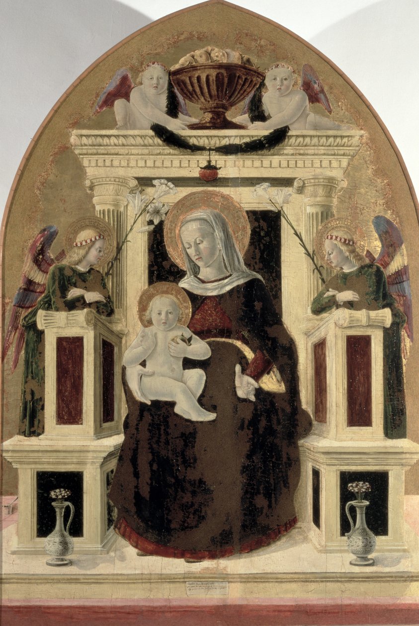 Madonna e criança entronada com anjos (tempera no painel) de Girolamo Giovanni