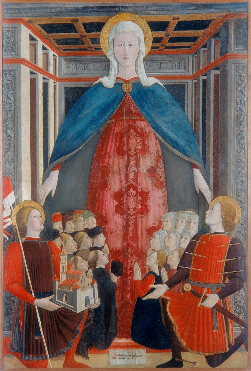 Madonna della Misericordia com São Venâncio e São Sebastião, 1463 de Girolamo Giovanni