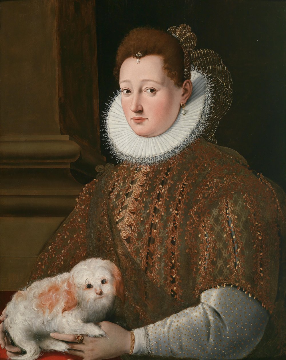Retrato, de, um, senhora, com, cachorro pet de Girolamo Macchietti