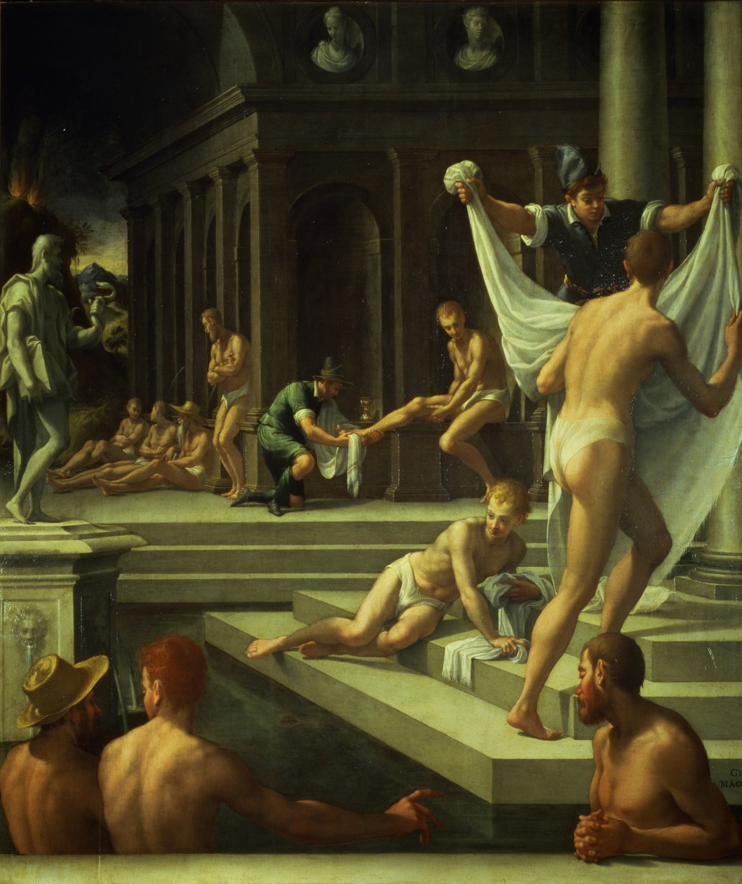 Os Banhos de Pozzuoli, 1572 (óleo sobre ardósia) de Girolamo Macchietti