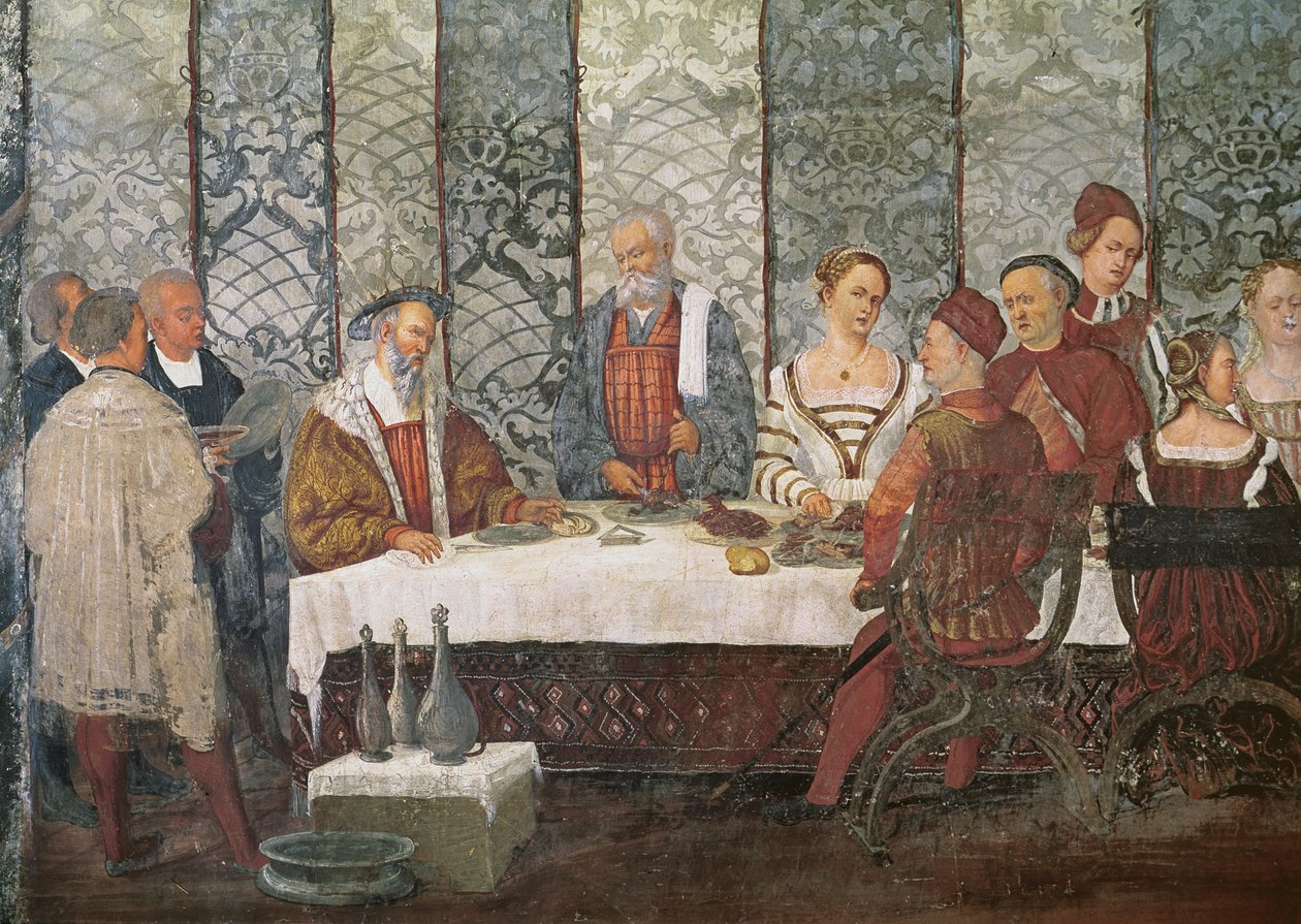 Banquete Dado por Bartolomeo Colleoni para o rei Christian I da Dinamarca, 1520-30 (detalhe) de Girolamo Romanino