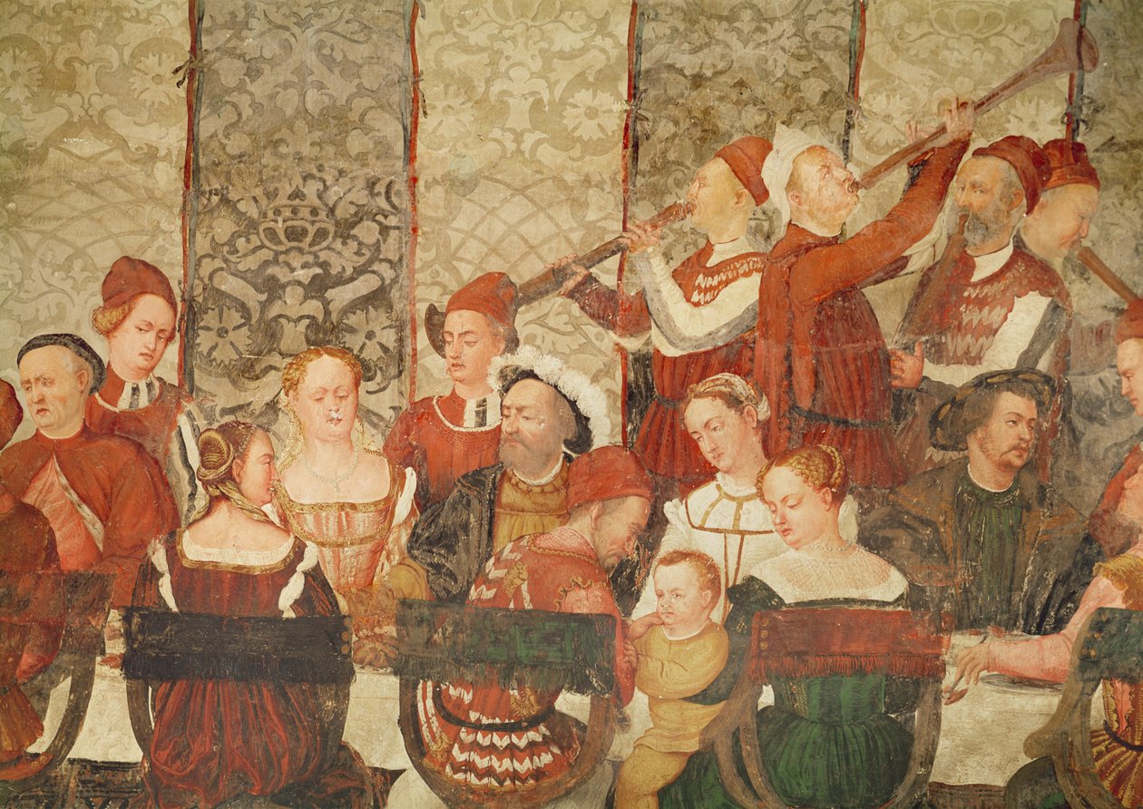 Convidados no Banquete dado por Bartolomeo Colleoni para o rei Christian I da Dinamarca no Castelo de Malpaga em 1474, 1520-30 (detalhe) de Girolamo Romanino