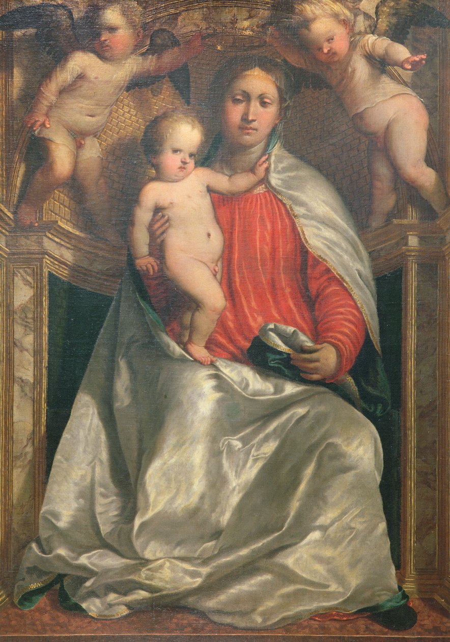 Madonna e Child coroado por dois anjos, c.1530 de Girolamo Romanino
