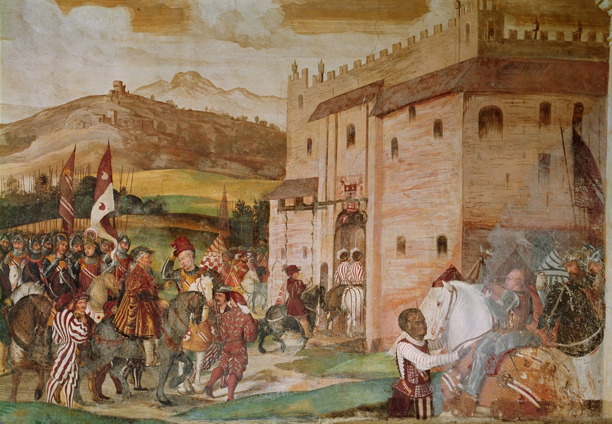 Recepção do Rei Christian I da Dinamarca pelo condottiere, Bartolomeo Colleoni, no Castelo de Malpaga em 1474, 1520-30 de Girolamo Romanino