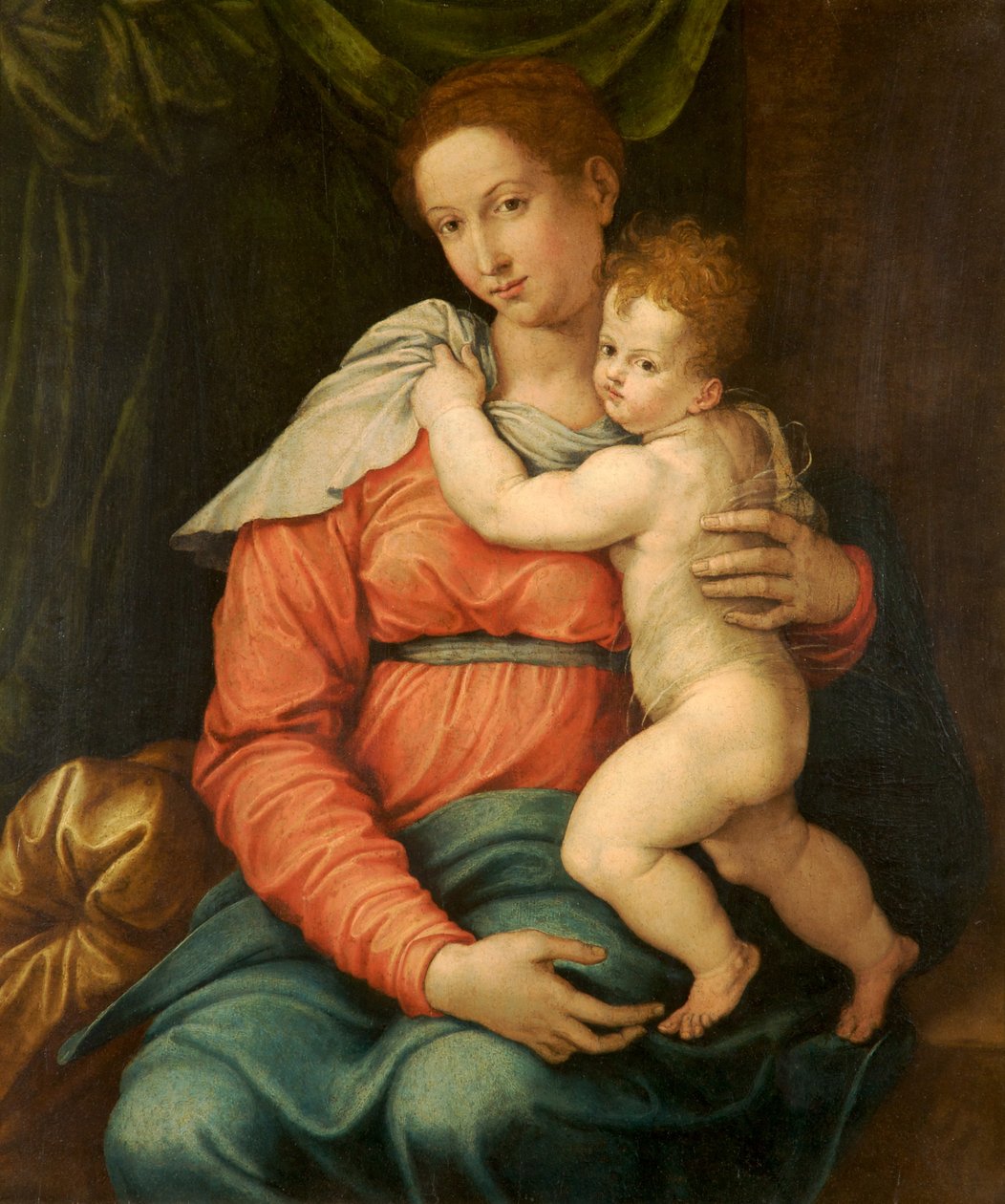 Virgem e criança antes de uma cortina verde de Girolamo Siciolante da Sermoneta