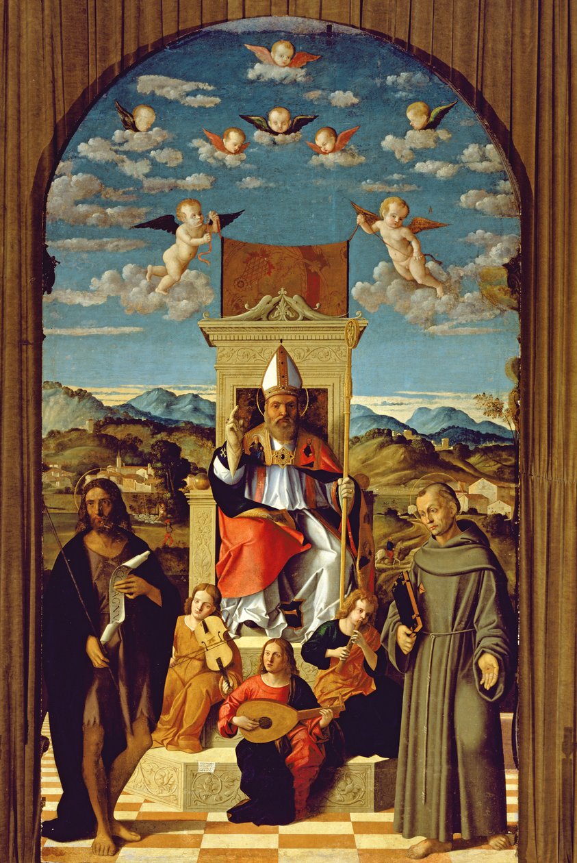 St. Thomas a Becket (1118-70) Entronizado com SS. Francisco e João Batista 1520 de Girolamo Da Santa Croce