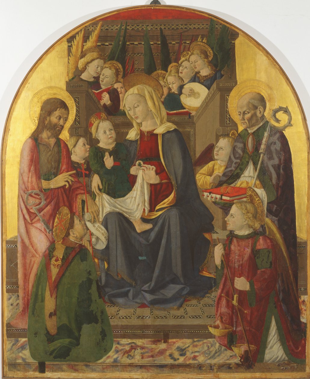 Madonna e criança entronizados com anjos e santos, c.1440s (têmpera no painel com ouro) de Girolamo di Giovanni di Camerino