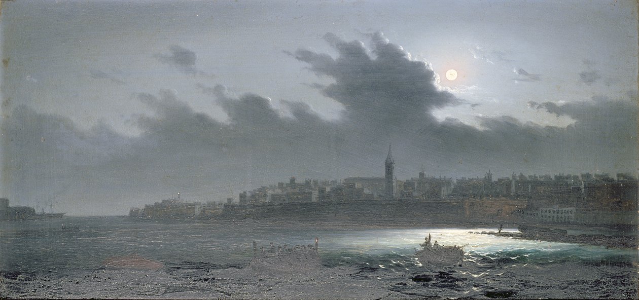 Vista, de, malta, desligado, a, porto, à noite, 1876 de Girolamo Gianni