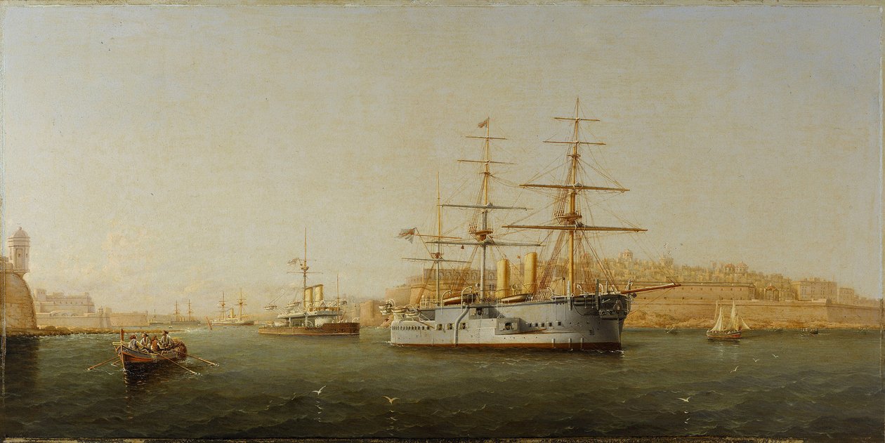 Com o navio HMS "Alexandra" a deixar Malta, os edifícios de Valeta (Valletta) são muito pormenorizados à direita. Óleo sobre madeira de Girolamo Gianni (1837-1895) de Girolamo Gianni