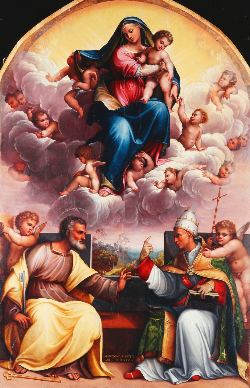 A Madona e o Menino em Glória com os Santos Pedro e Gregório, o Grande conflito e Anjos de Girolamo Marchesi da Cotignola