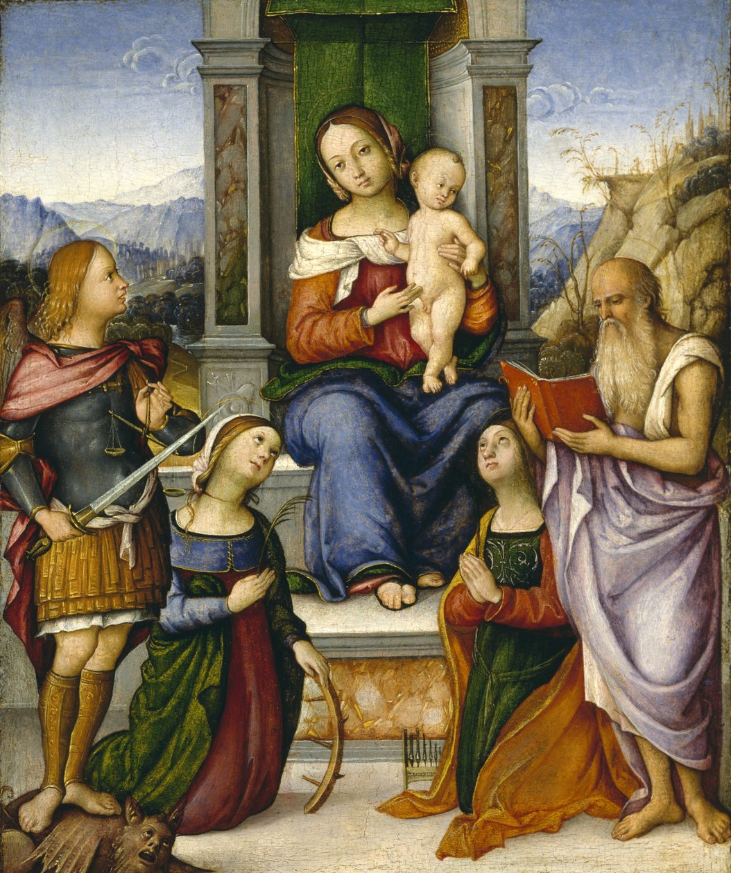 A Virgem e a Criança, entronizados com os Santos Miguel, Catarina de Alexandria, Cecília e Jerônimo, c.1512 de Girolamo Marchesi da Cotignola