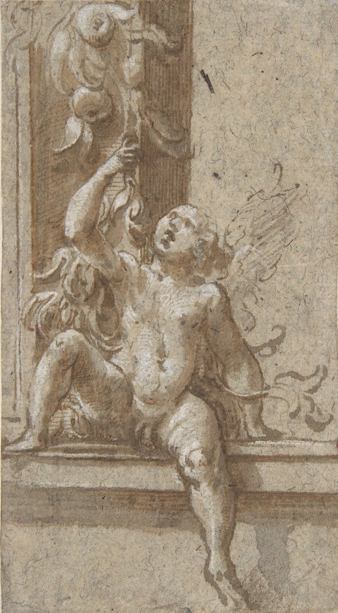Um Putto sentado em uma armação, ca. 1538-40. de Girolamo Mazzola Bedoli