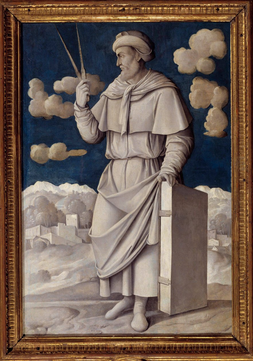 Retrato no pé de Euclides (325-265 a.C.), matemático grego Pintura de Girolamo Mocetto (1458-1531) 1531 Paris. Musee Jacquemart André - Retrato completo de Euclides (325-265 a.C.), matemático inglês. Pintura de Girolamo Mocetto (1458-1531) de Girolamo Mocetto