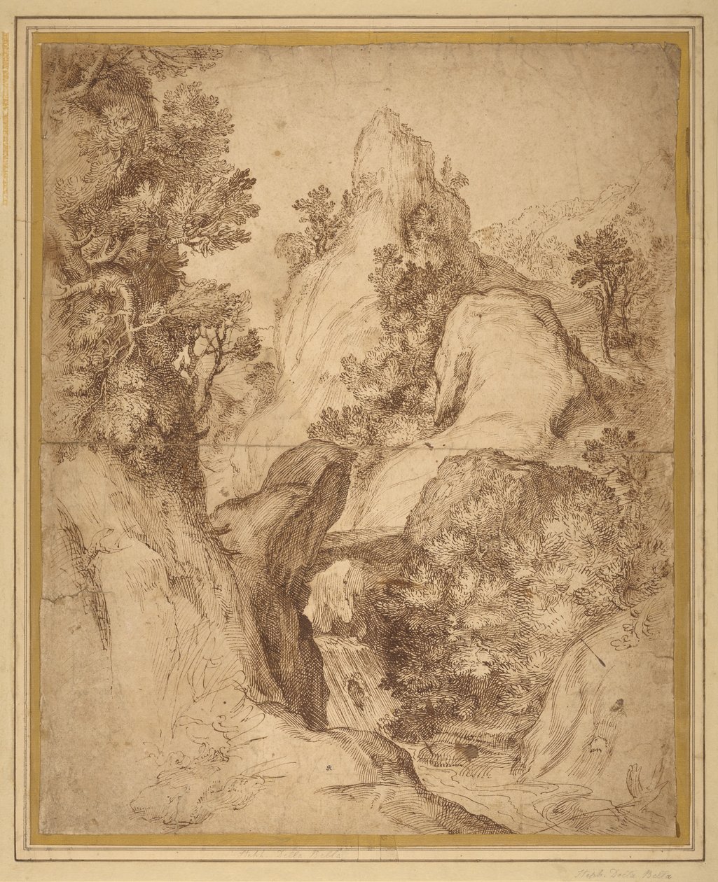 Paisagem rochosa com uma queda de água de Girolamo Muziano