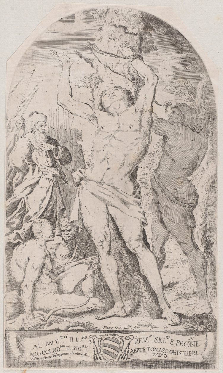 São Sebastião sendo amarrado a uma árvore, 1625-50. de Girolamo Pedrignani