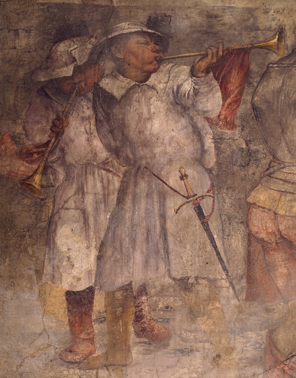 Figura de homem tocando trompete, detalhe do afresco de Girolamo Romanino (circa1484-1566), Igreja de Santo Antônio, Breno, Itália de Girolamo Romanino