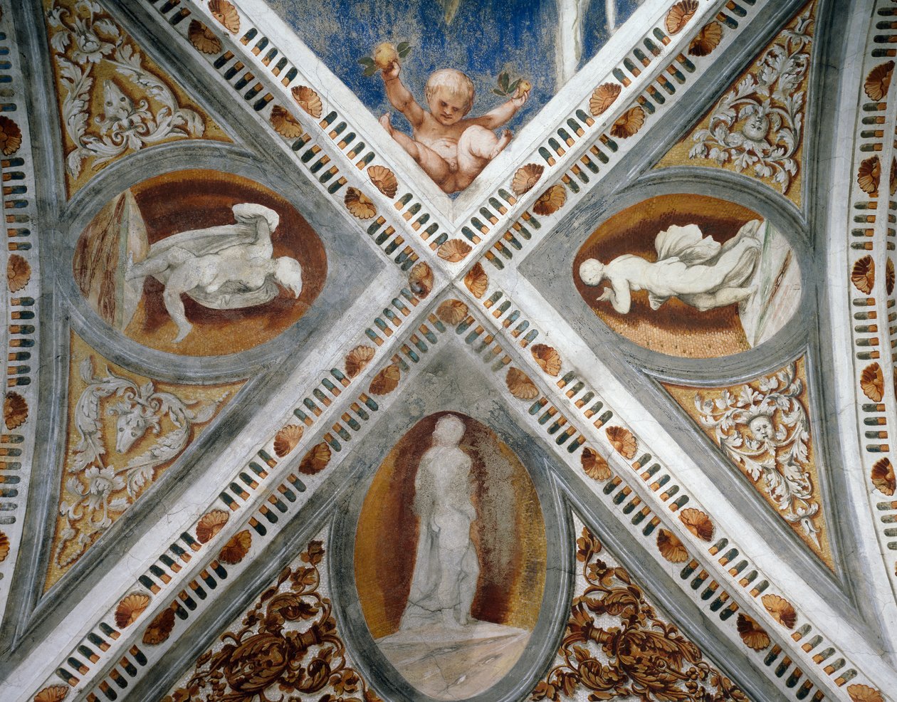 Nichos e estátuas em mosaico, Detalhe de afrescos de Girolamo Romanino (ca. 1484-após 1559), encomendado por Bernardo Clesio de Girolamo Romanino