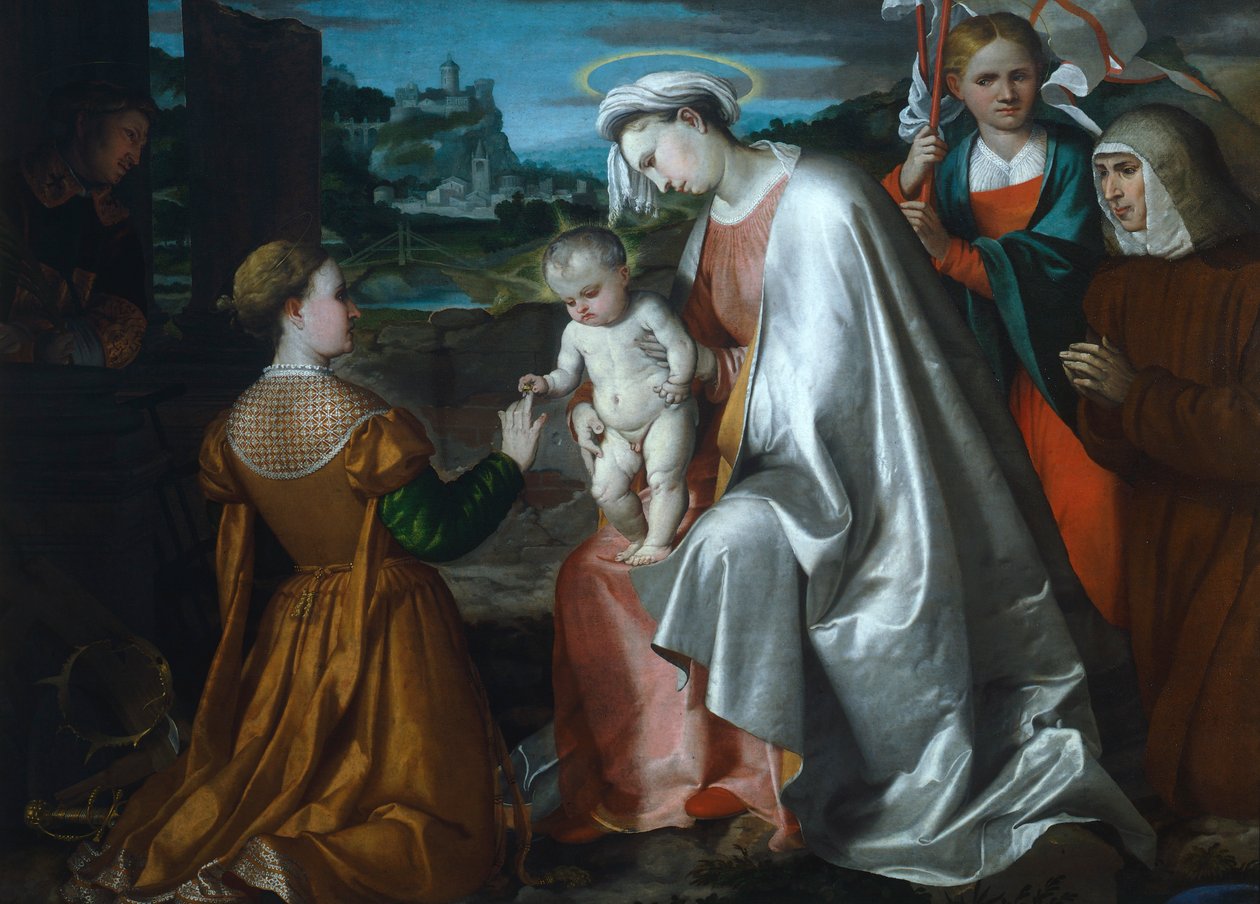Casamento Místico de Santa Catarina na presença de Santa Úrsula, Lawrence e Angela Merici, de Girolamo Romanino (ca. 1484- depois de 1562) de Girolamo Romanino