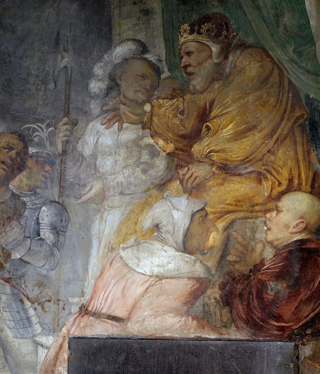 Nabucodonosor, detalhe do milagre dos três companheiros de Daniel, fresco de Girolamo Romanino (ca. 1484- depois de 1562), detalhe da parede direita da Igreja de Santo Antônio Abade, Breno. Itália de Girolamo Romanino