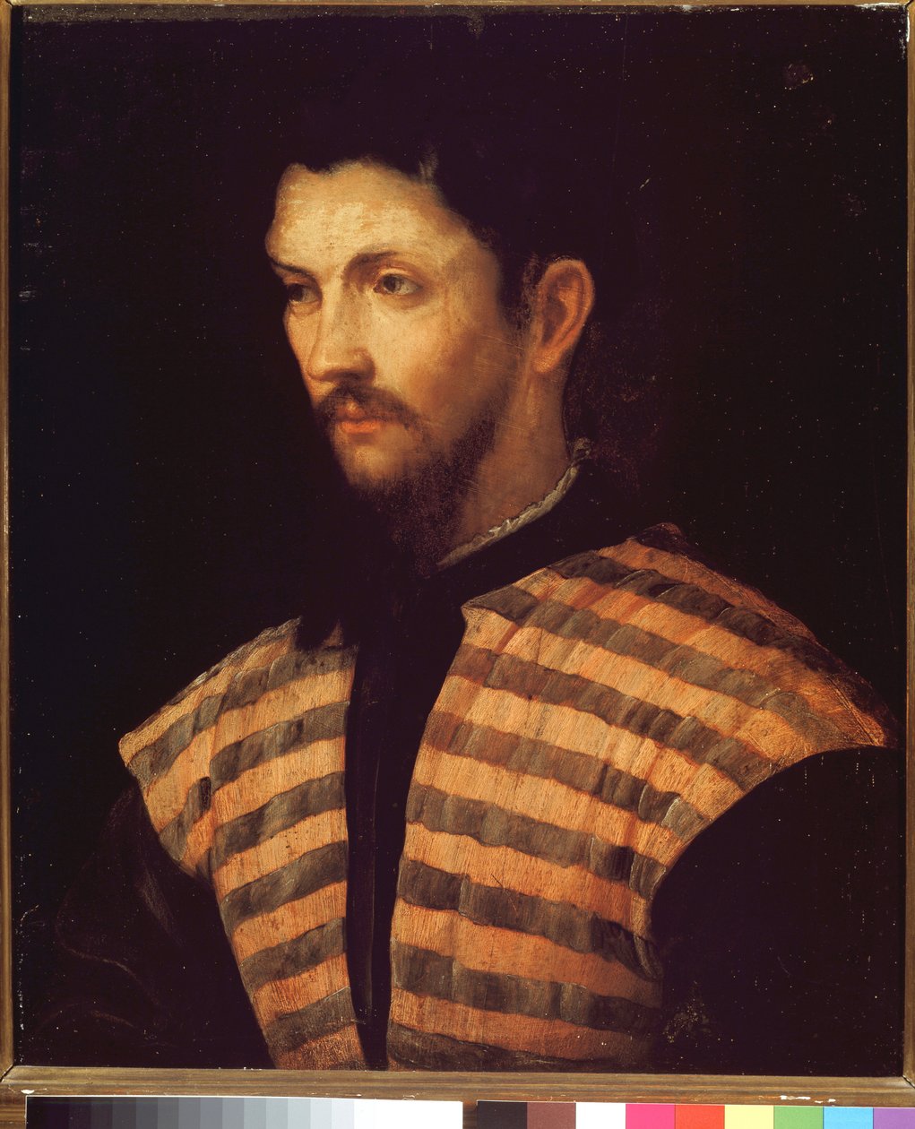 Retrato de um cavalheiro usando um casaco às riscas - Óleo sobre tela de Girolamo Romanino