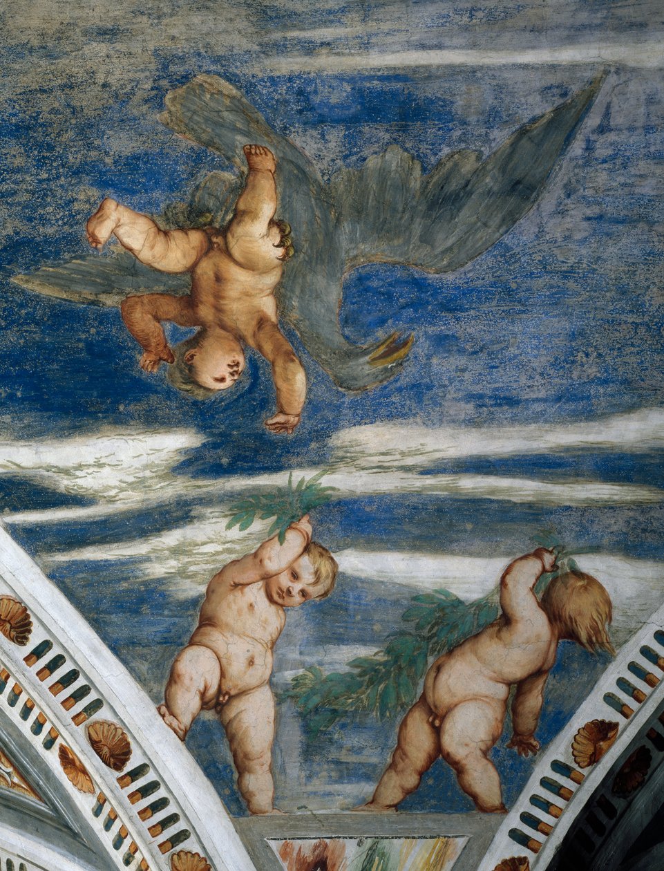 Violação de Ganímedes e putti, nichos de mosaico e estátuas, Detalhe de afrescos de Girolamo Romanino (ca. 1484-após 1559), encomendado por Bernardo Clesio de Girolamo Romanino