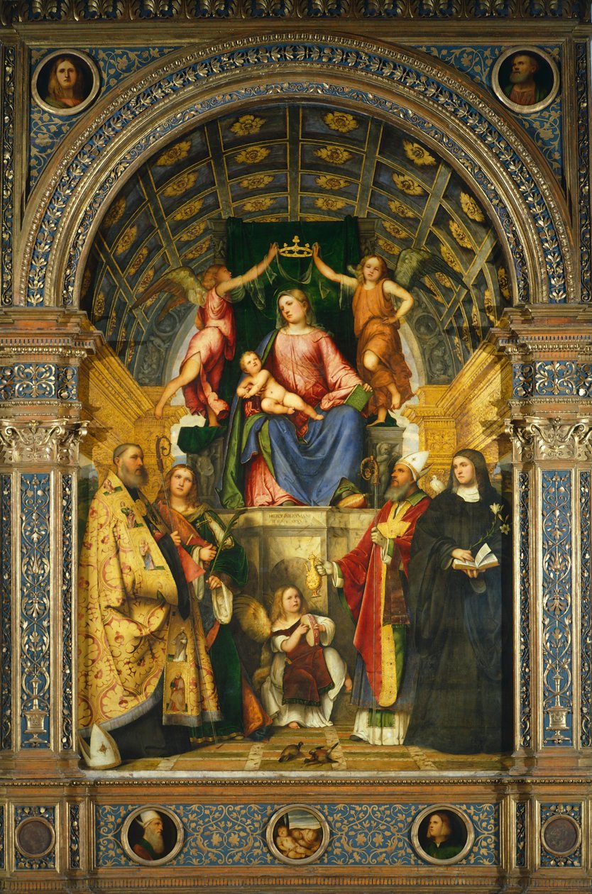 O retábulo de Santa Justina: Madonna Enthroned com Santos Bento, Justina, Prosdocimo e Escolástica, de Girolamo Romanino (cerca de 1484- depois de 1562). de Girolamo Romanino