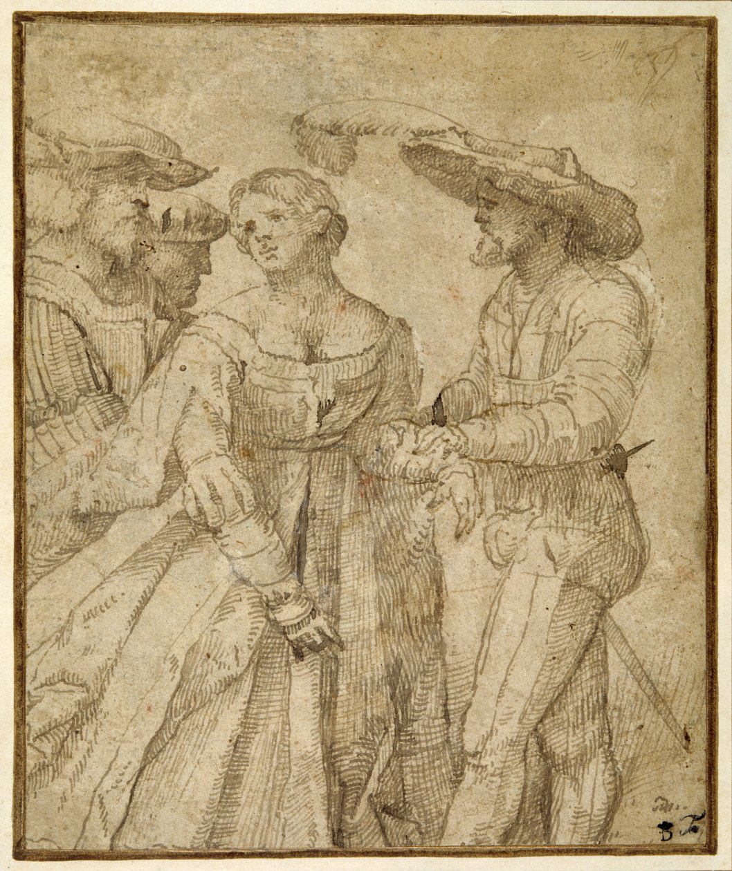 Cena de galanteria: quatro figuras de pé sobre um fundo de paisagem (caneta e tinta castanha sobre papel de palha) de Girolamo Romanino