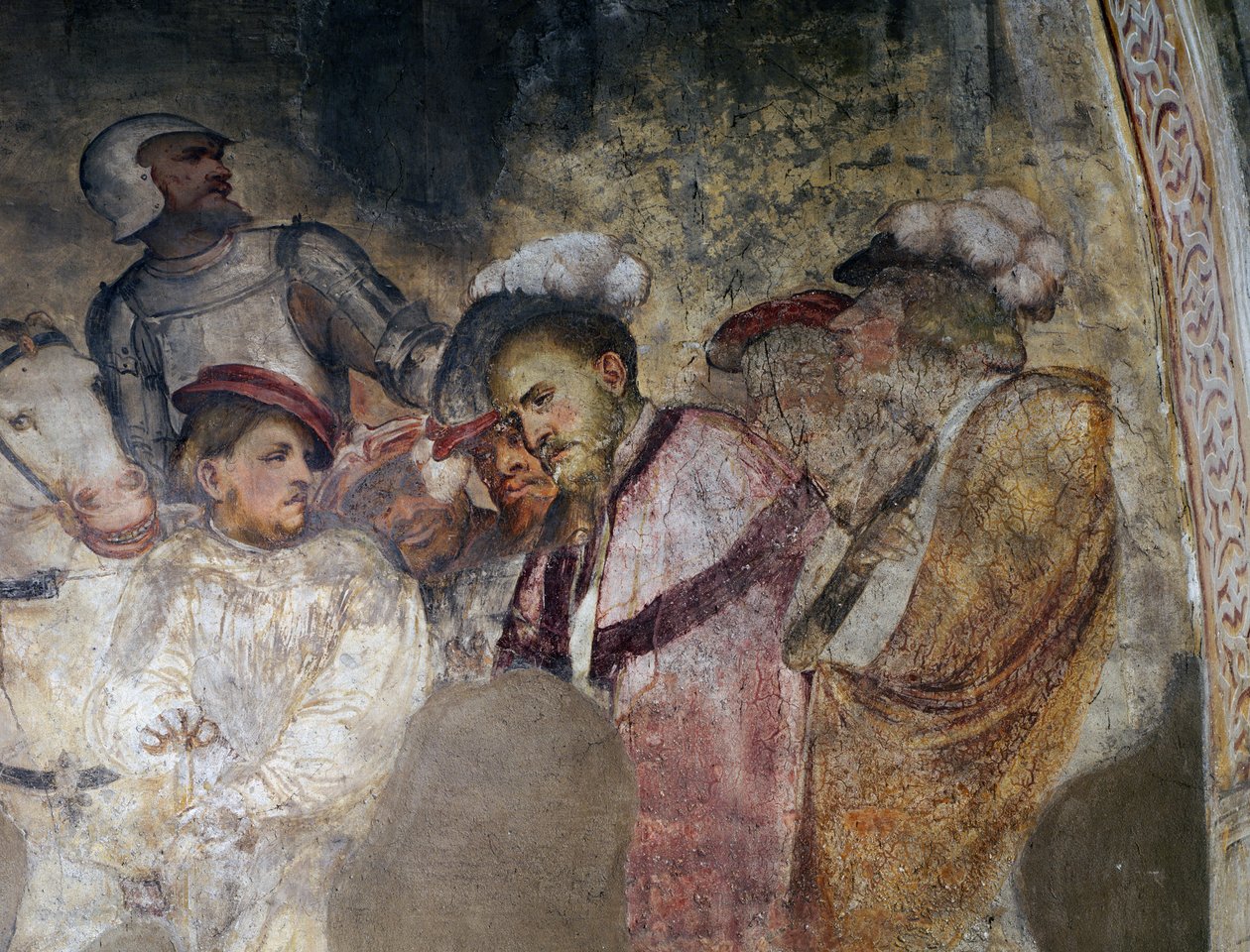 Soldado com armadura e homens com chapéus, detalhe de um afresco de Girolamo Romanino (ca. 1484- depois de 1562), a parede esquerda do presbitério da Igreja de Santo Antônio Abade, Breno. Itália de Girolamo Romanino