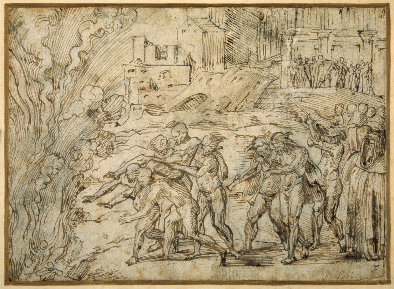 A pira levantada perante as tropas de Aníbal na queda de Saguntum (caneta e tinta castanha com lavagem castanha) de Girolamo Romanino