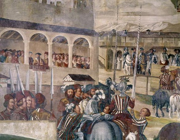 Torneio em Honra de Christian I da Dinamarca em Castello di Malpaga, detalhe do lado esquerdo, 1520-30 de Girolamo Romanino