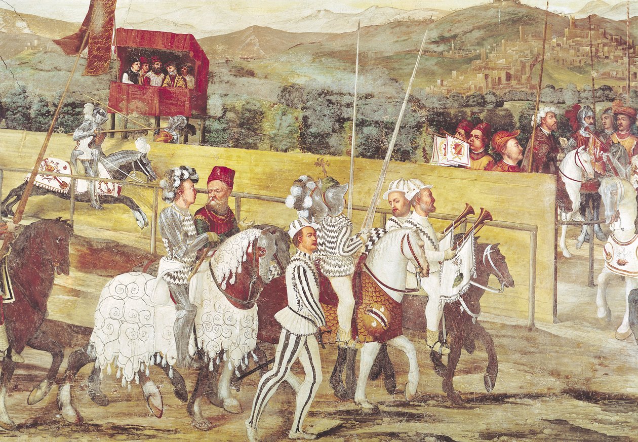 Torneio em honra de Christian I da Dinamarca em Castello di Malpaga em 1474, detalhe do lado direito de Girolamo Romanino