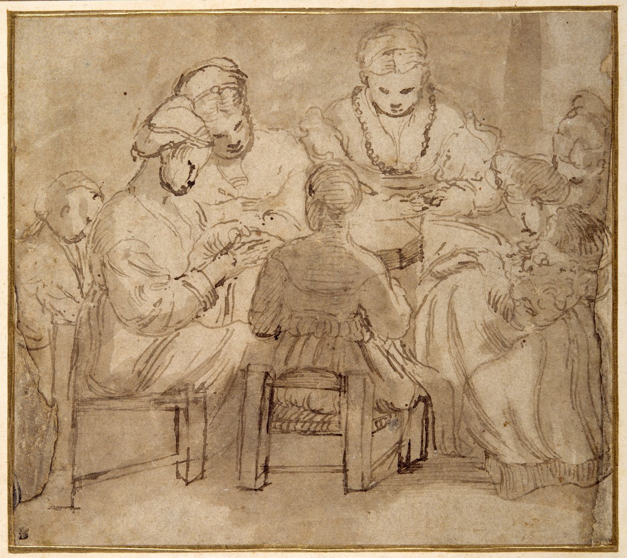 Mulheres e meninas sentadas à volta de uma mesa de costura (caneta e tinta castanha com lavagem castanha no papel) de Girolamo Romanino