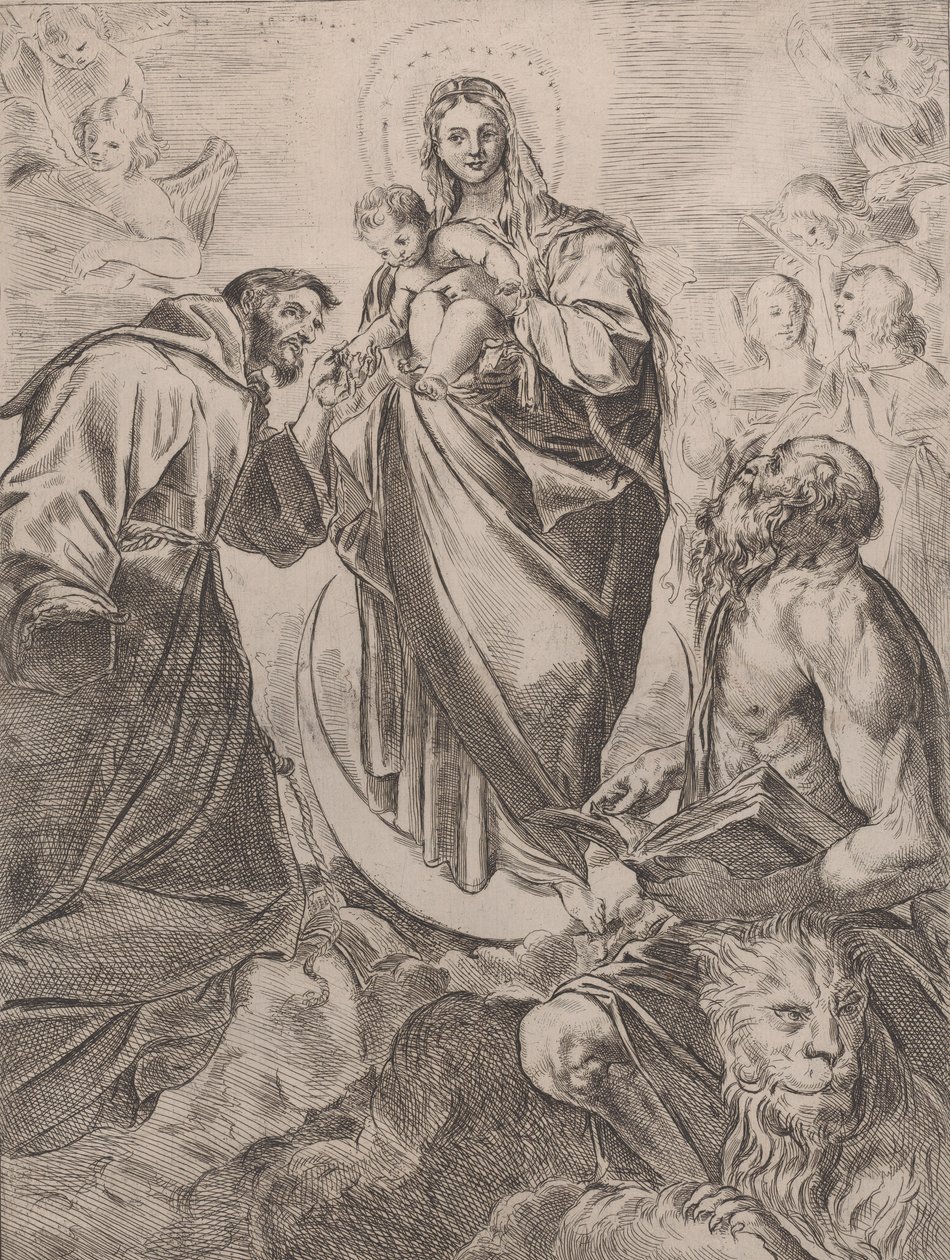 A Virgem com os Santos Jerônimo e Francisco, 1660-80. de Girolamo Rossi