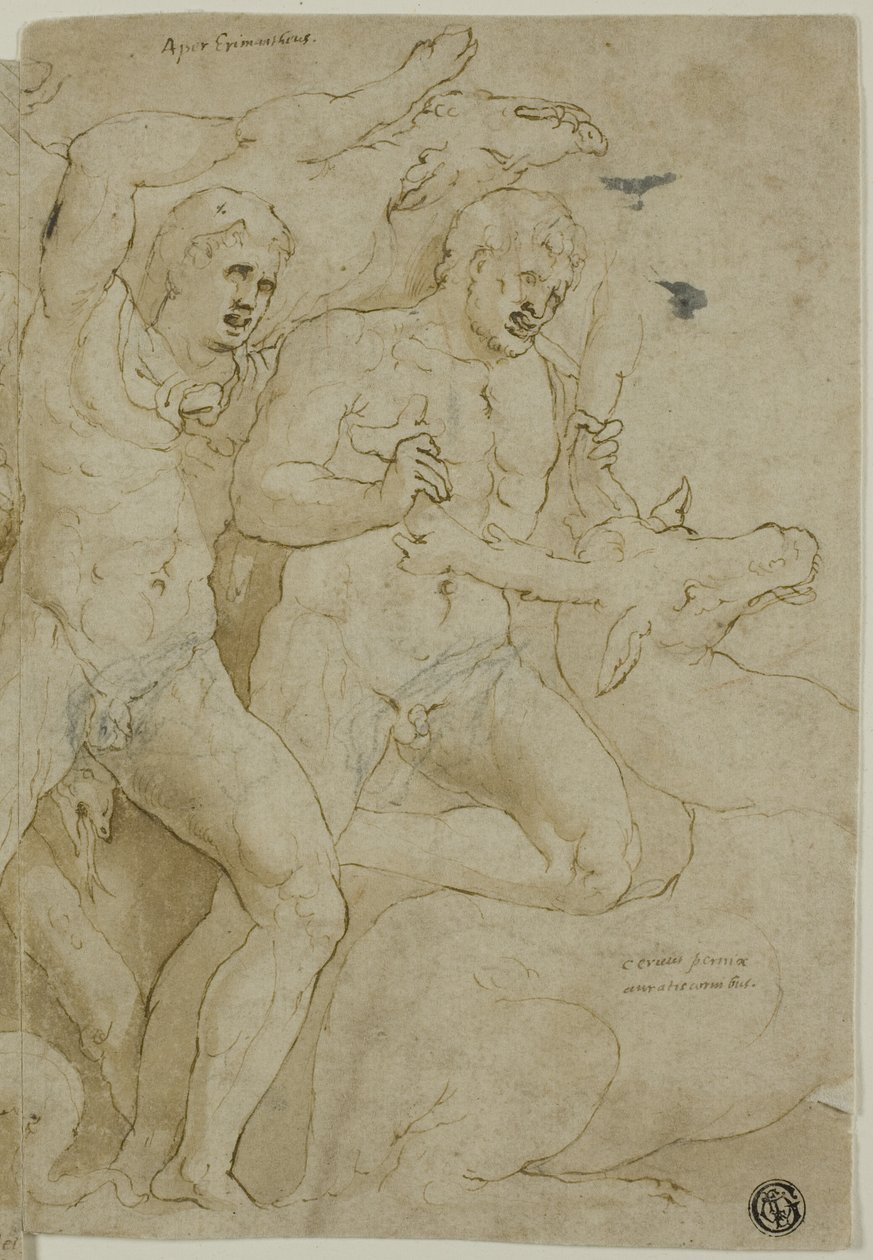 Alívio do antigo sarcófago com os trabalhos de Hércules de Girolamo da Carpi