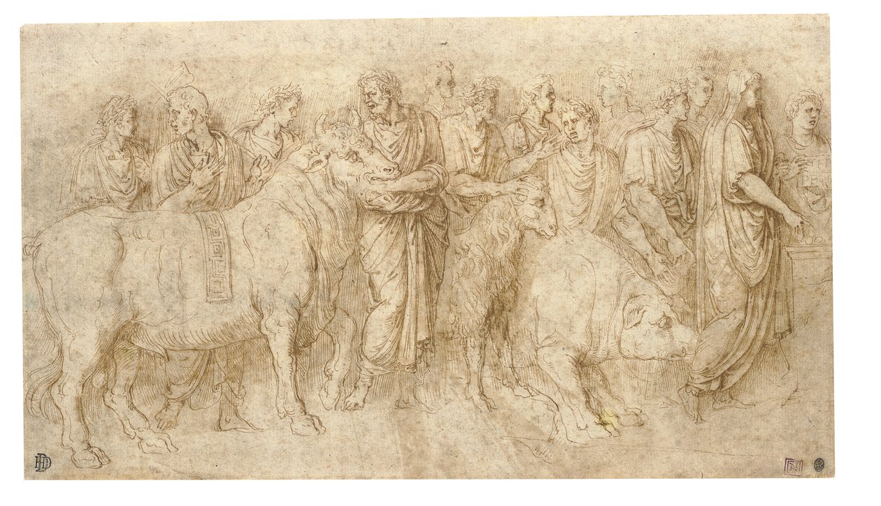 Padres conduzindo um touro, um carneiro e um javali para um altar, após a Antiguidade (giz, caneta e tinta sobre papel) de Girolamo da Carpi