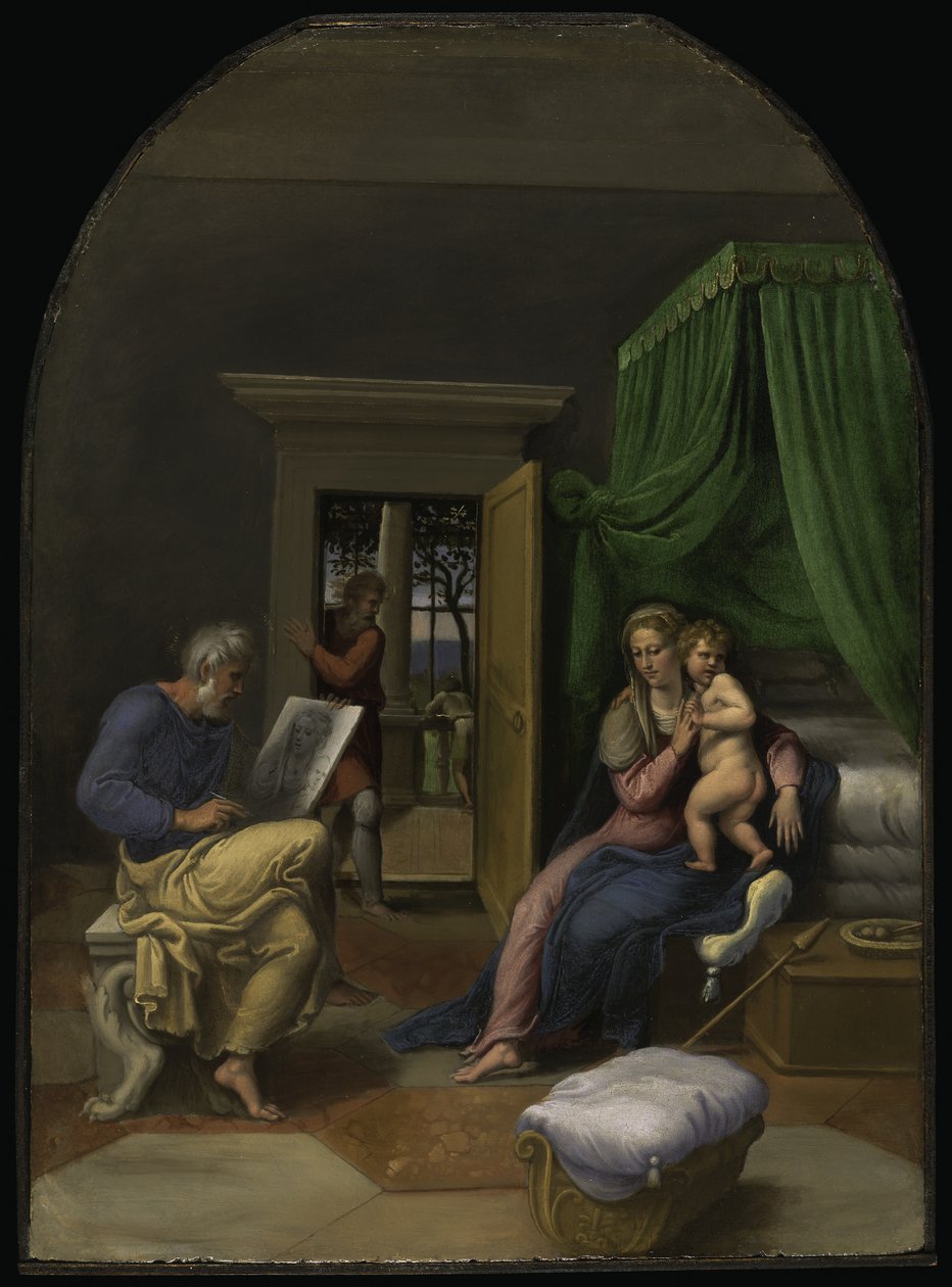 São Lucas desenhando a Virgem e o Menino Jesus, c.1535 (óleo sobre painel) de Girolamo da Carpi