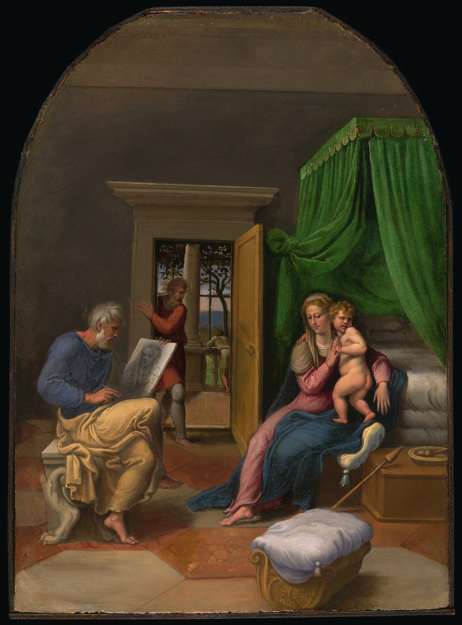São Lucas desenhando a Virgem e o Menino Jesus, c. 1535. de Girolamo da Carpi