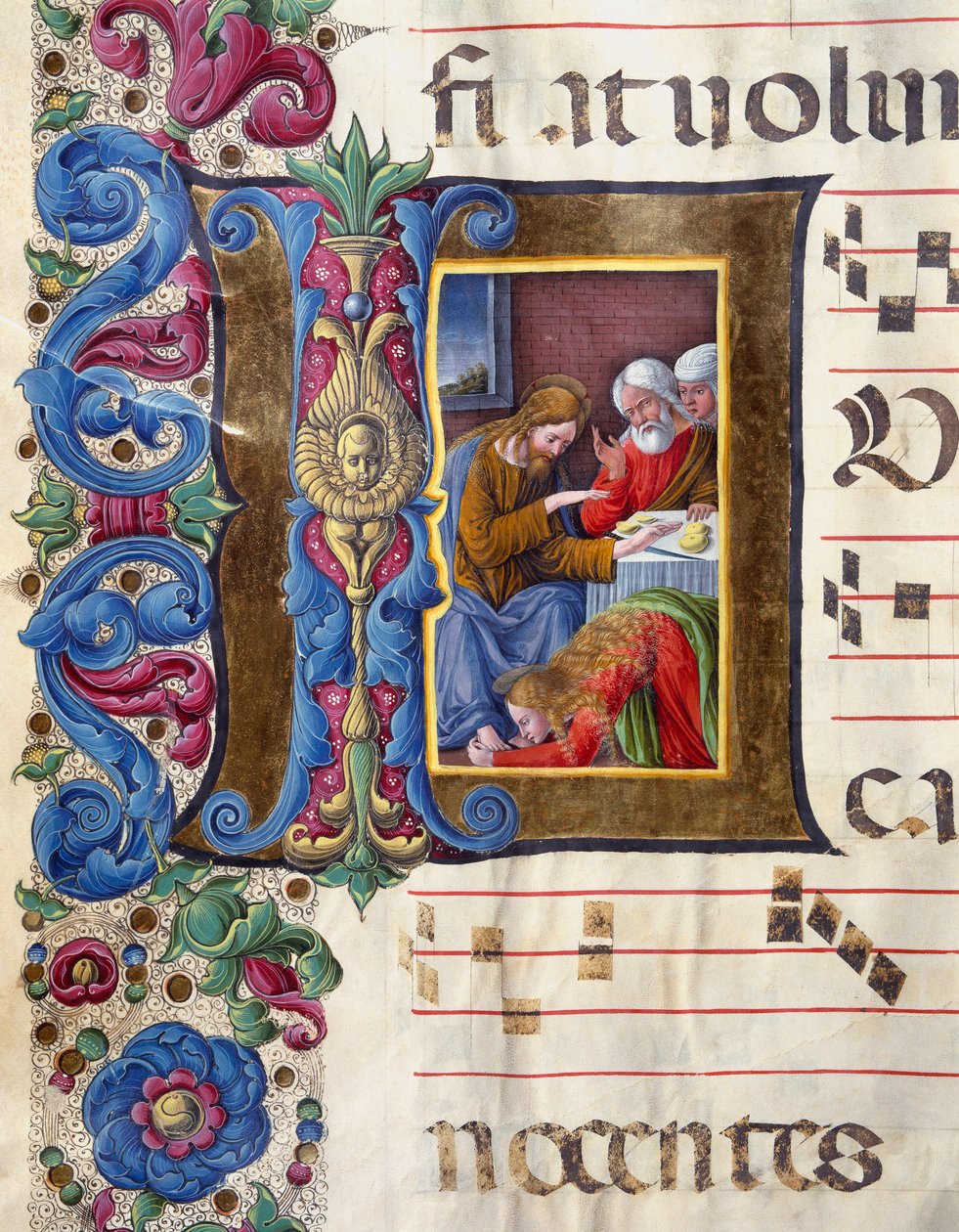 Decoração em papel timbrado representando Maria Madalena aos pés de Jesus Miniatura de Girolamo da Cremona (ativo por volta de 1451-1483) e Liberale da Verona (1445-1529) de um coro (Cod. 22/7. c.15v) da Catedral de Siena. Catedral do século XV (Duomo) de de Girolamo da Cremona