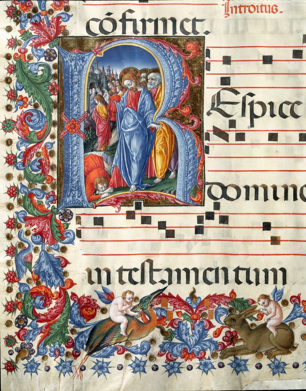Decoração da Lettrina de Cristo e Leproso Miniatura de Girolamo da Cremona (activa por volta de 1451-1483) e Liberale da Verona (1445-1529) de um coro (Cod. 19/4. c.26.) da Catedral de Siena. Catedral do século XV (Duomo) de Siena, Itália de Girolamo da Cremona
